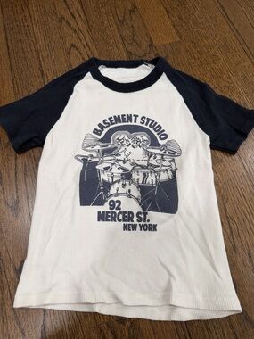 Brandy Melville White and Black 'Basement Studio' Raglan Tee